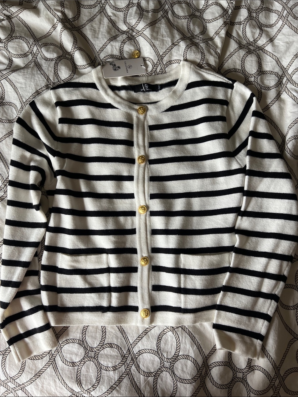 Striped Black & White Crewneck Cardigan Sweater